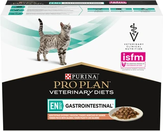 Упаковка вологого дієтичного корму для кошенят та дорослих котів Pro Plan Veterinary Diets EN Gastrointestinal для зменшення розладів кишкової абсорбції та годування в період відновлення, з лососем 10x85 г