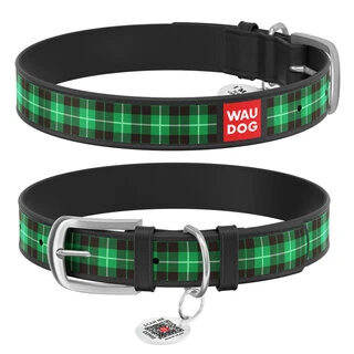 Ошейник WAUDOG Design с рисунком "Шотландка зеленая", премиум кожа, металлическая пряжка (ширина 35 мм, длина 46-60 см), черный