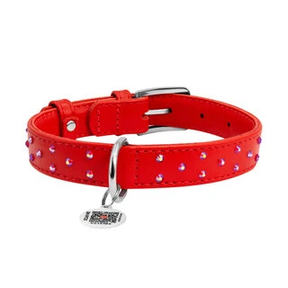 Нашийник для собак шкіряний WAUDOG Glamour з QR паспортом, з клейовими стразами, Ш 25 мм, Дл 38-49 см, червоний
