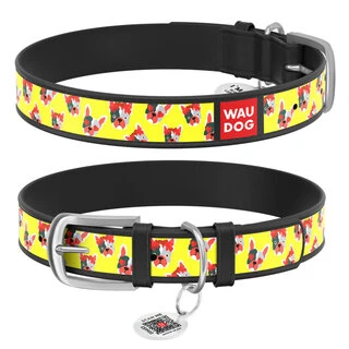 Ошейник WAUDOG Design с рисунком "Француз", премиум кожа, металлическая пряжка (ширина 20 мм, длина 30-39 см), черный