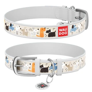Ошейник WAUDOG Design с рисунком "Собачки на прогулке", премиум кожа, металлическая пряжка (ширина 15 мм, длина 27-36 см), белый