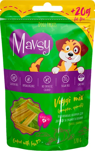 Ласощі для собак Mavsy Dental Care Veggi Stick Mix (гарбуз шпинат) - Мавсі Овочеві палички для догляду за зубами та яснами собак 120 г (4820266800321)