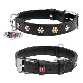 Нашийник для собак шкіряний WAUDOG Glamour з QR паспортом, з клейовими стразами "Квітка", Ш 20 мм, Дл 30-39 см, чорний