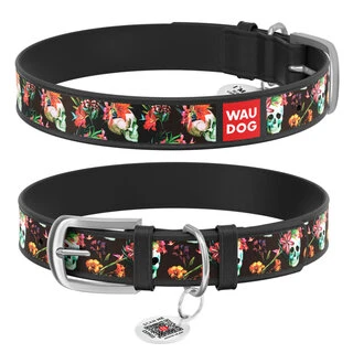 Нашийник WAUDOG Design з малюнком "Черепи", преміум шкіра, металевий пряжка (ширина 12 мм, довжина 21-29 см), чорний