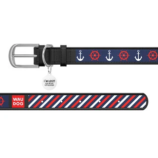 Ошейник WAUDOG Design с рисунком "Якоря 2", премиум кожа, металлическая пряжка (ширина 20 мм, длина 30-39 см), черный
