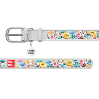 Нашийник для собак шкіряний WAUDOG Design з QR паспортом, малюнок "Пончик", Ш 12 мм, Дл 21-29 см, білий