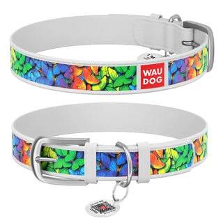 Нашийник WAUDOG Design з малюнком "Райдужні метелики", преміум шкіра, металевий пряжка (ширина 15 мм, довжина 27-36 см), білий