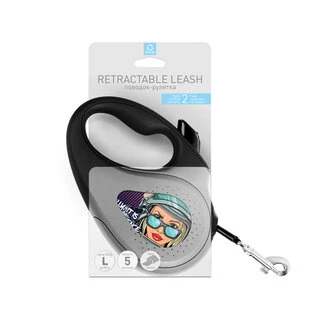 Поводок-рулетка для собак WAUDOG R-leash, малюнок "Космос. Ракетобудування", світловідбиваюча стрічка, L, до 50 кг, 5 м, чорний