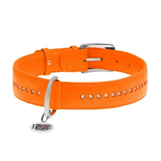 Ошейник для собак кожаный WAUDOG Glamour с QR паспортом, двойной со стразами, Ш 20 мм, Дл 30-39 см, оранжевый
