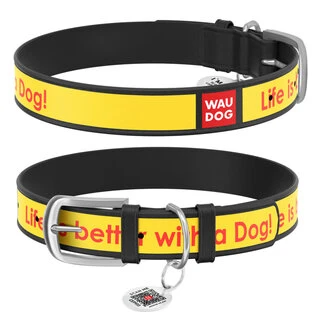 Ошейник WAUDOG Design с рисунком "Лучшая жизнь", премиум кожа, металлическая пряжка (ширина 12 мм, длина 21-29 см), черный