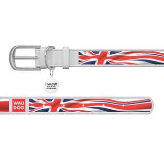Ошейник WAUDOG Design с рисунком "Юнион Джек", премиум кожа, металлическая пряжка (ширина 35 мм, длина 46-60 см), белый
