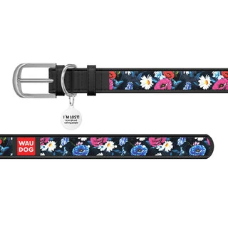 Нашийник WAUDOG Design з малюнком "Літнє лугове", преміум шкіра, металевий пряжка (ширина 25 мм, довжина 38-49 см), чорний