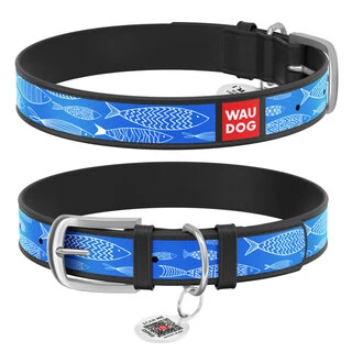 Ошейник WAUDOG Design с рисунком "Рыба", премиум кожа, металлическая пряжка (ширина 35 мм, длина 46-60 см), черный