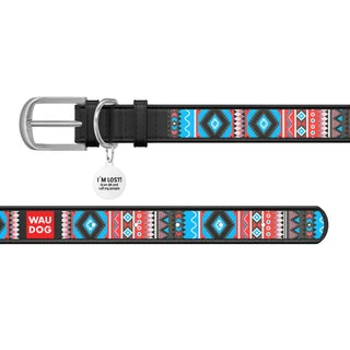 Ошейник для собак кожаный WAUDOG Design с QR паспортом, рисунок "Этно", Ш 15 мм, Дл 27-36 см, черный