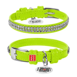 Нашийник для собак шкіряний WAUDOG Glamour з QR паспортом, з прикрасою "Полотно страз", Ш 12 мм, Дл 21-29 см, салатовий