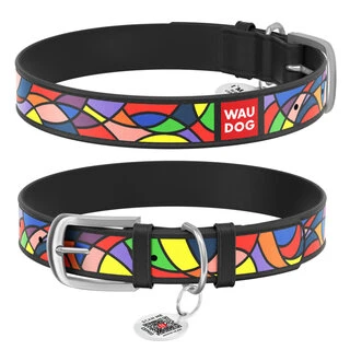 Ошейник для собак кожаный WAUDOG Design с QR паспортом, рисунок "Витраж", Ш 20 мм, Дл 30-39 см, черный