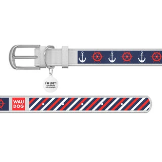 Нашийник WAUDOG Design з малюнком "Якорі 2", преміум шкіра, металевий пряжка (ширина 35 мм, довжина 46-60 см), білий