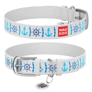 Нашийник WAUDOG Design з малюнком "Якорі", преміум шкіра, металевий пряжка (ширина 12 мм, довжина 19-25 см), білий