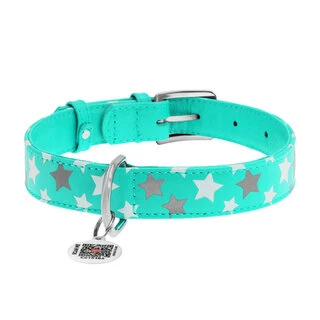 Нашийник для собак шкіряний WAUDOG Glamour з QR паспортом, візерунок "Зірочка", що світиться/світловідбиваючий, Ш 20 мм, Дл 30-39 см, ментоловий