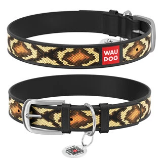 Ошейник WAUDOG Design с рисунком "Змея", премиум кожа, металлическая пряжка (ширина 35 мм, длина 46-60 см), черный