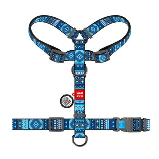 Шлея для собак анатомическая H-образная WAUDOG Nylon с QR-паспортом, рисунок&nbsp;"Этно синий", пластиковый фастекс, М, Ш 20 мм, А 40-70, В 50-80