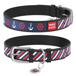 Ошейник WAUDOG Design с рисунком "Якоря 2", премиум кожа, металлическая пряжка (ширина 15 мм, длина 27-36 см), черный
