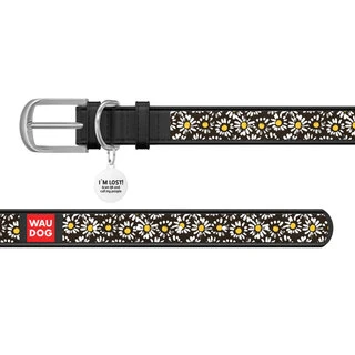Ошейник WAUDOG Design с рисунком "Ромашки", премиум кожа, металлическая пряжка (ширина 20 мм, длина 30-39 см), черный