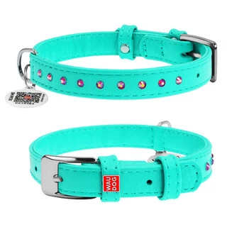 Нашийник для собак шкіряний WAUDOG Glamour з QR паспортом, з клейовими стразами, Ш 15 мм, Дл 27-36 см, ментоловий