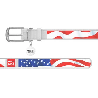 Ошейник WAUDOG Design с рисунком "Звёзды и полосы", премиум кожа, металлическая пряжка (ширина 12 мм, длина 19-25 см), белый