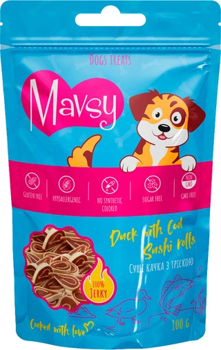 Ласощі для собак Mavsy Duck with Cod Sushi Rolls - Мавси Суші з качки та тріски для собак 100 г (4820266800222)