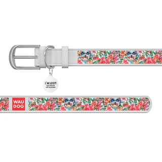 Нашийник WAUDOG Design з малюнком "Черепи в квітах", преміум шкіра, металевий затискач (ширина 12 мм, довжина 19-25 см), білий