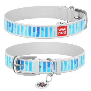 Нашийник WAUDOG Design з малюнком "Блакитні смужки", преміум шкіра, металевий пряжка (ширина 25 мм, довжина 38-49 см), білий