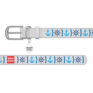 Нашийник WAUDOG Design з малюнком "Якорі", преміум шкіра, металевий пряжка (ширина 12 мм, довжина 19-25 см), білий