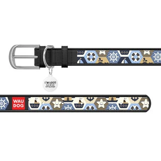 Ошейник WAUDOG Design с рисунком "Капитан", премиум кожа, металлическая пряжка (ширина 25 мм, длина 38-49 см), черный