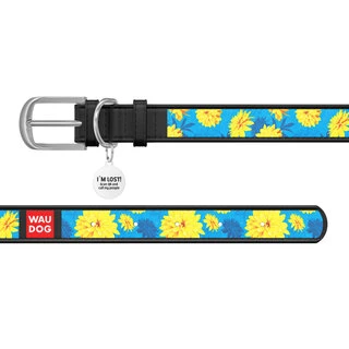 Нашийник WAUDOG Design з малюнком "Квіти на блакитному", преміум шкіра, металевий пряжка (ширина 15 мм, довжина 27-36 см), чорний
