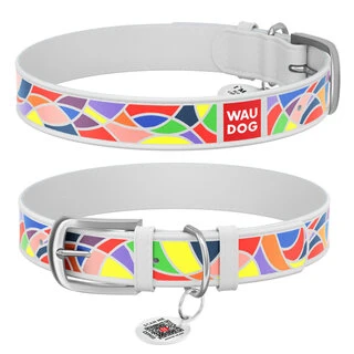 Нашийник для собак шкіряний WAUDOG Design з QR паспортом, малюнок "Вітраж", Ш 12 мм, Дл 21-29 см, білий
