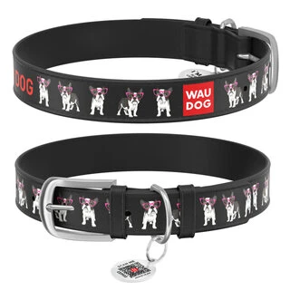 Ошейник WAUDOG Design с рисунком "Хипстер", премиум кожа, металлическая пряжка (ширина 12 мм, длина 19-25 см), черный