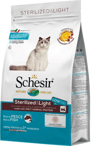 Сухой монопротеиновый корм Schesir Cat Sterilized &amp;amp; Light для взрослых котов с рыбой 1.5 кг