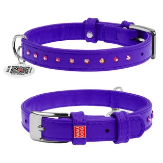Нашийник для собак шкіряний WAUDOG Glamour з QR паспортом, з клейовими стразами, Ш 15 мм, Дл 27-36 см, фіолетовий