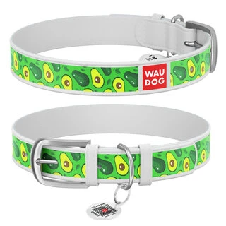 Ошейник WAUDOG Design с рисунком "Авокадо", премиум кожа, металлическая пряжка (ширина 35 мм, длина 46-60 см), белый