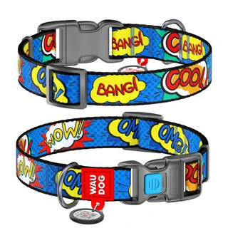 Нашийник для собак нейлоновий WAUDOG Nylon з QR паспортом, малюнок "ВАУ", пластиковий фастекс, Ш 15 мм, Дл 23-35 см