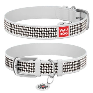 Ошейник WAUDOG Design с рисунком "Шанель", премиум кожа, металлическая пряжка (ширина 20 мм, длина 30-39 см), белый