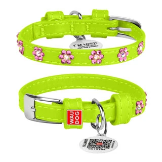 Ошейник для собак кожаный WAUDOG Glamour с QR паспортом, с клеевыми стразами "Цветочек", Ш 9 мм, Дл 18-21 см, салатовый