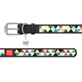 Ошейник WAUDOG Design с рисунком "Пэчворк", премиум кожа, металлическая пряжка (ширина 12 мм, длина 19-25 см), черный