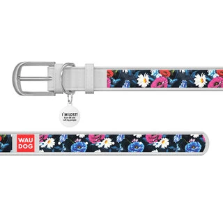 Нашийник WAUDOG Design з малюнком "Літнє лугове", преміум шкіра, металевий пряжка (ширина 15 мм, довжина 27-36 см), білий