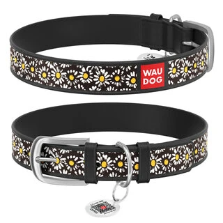 Нашийник WAUDOG Design з малюнком "Ромашки", преміум шкіра, металевий пряжка (ширина 12 мм, довжина 21-29 см), чорний