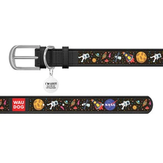 Нашийник для собак шкіряний WAUDOG Design з QR паспортом, малюнок "NASA", Ш 20 мм, Дл 30-39 см, чорний