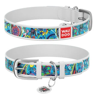 Нашийник WAUDOG Design з малюнком "Лазурь", преміум шкіра, металевий пряжка (ширина 35 мм, довжина 46-60 см), білий