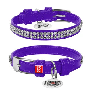 Нашийник для собак шкіряний WAUDOG Glamour з QR паспортом, з прикрасою "Полотно страз", Ш 9 мм, Дл 18-21 см, фіолетовий