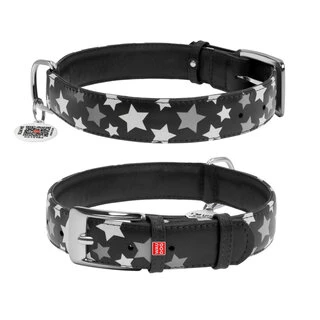 Нашийник для собак шкіряний WAUDOG Glamour з QR паспортом, візерунок "Зірочка", що світиться/світловідбиваючий, Ш 35 мм, Дл 46-60 см, чорний